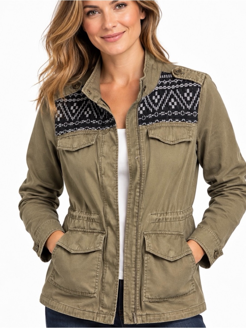 Mudd Olive Green Utility Jacket with Embroidered Accent.